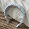 Detail of blue and white striped fabric headband with black non-slip inner padding - Wide White Stripe