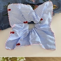 French style gingham scrunchie with cherry embroidery and pink wavy stitched edges - Blue Plaid Square Scarf