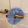 Vacation style light blue striped fabric scrunchie on a vintage gold handle - Blue