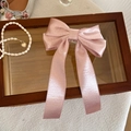 Detailsicht der rosa Satin-Haarschleife mit langen Bändern und Seidentextur-Effekt - Rosa