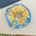 French style yellow and white striped scrunchie with blue edge detail for hair - Yellow and Green Stripes