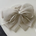 Elegant Korean style plaid tulle bow hair clip with crystal pendants on white background - Off-white