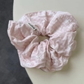 Pink striped fabric scrunchie with cute floral patterns for elegant hair styling - Scrunchie / Pink