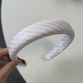 Detail of pink and white striped fabric headband with white butterfly pattern print - Headband / Pink