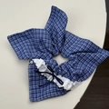 French blue plaid hair scrunchie with white lace trim and dark blue ribbon bow accent - Blue Plaid Streamer Style