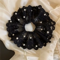 Elegant black lace hair scrunchie with white pearl embroidery and floral pattern - Black