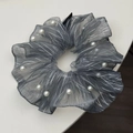 Detail of dark grey organza scrunchie with white pearls and silver glitter stripes - Dark Gray
