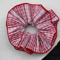 Retro red and white gingham scrunchie with lace trim and elegant pleated fabric design - Red