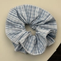 Detail of blue plaid scrunchie with white lace trim and breathable fabric texture - Sky Blue