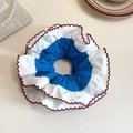 Retro two-tone scrunchie in white and navy blue with wavy red stitching detail - Blue