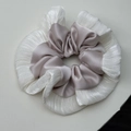 Λεπτομερής όψη ενός μεγάλου scrunchie με σατέν κέντρο και λευκά πλισέ βολάν στις άκρες - Σαμπανί
