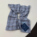 Detailed shot of blue plaid scrunchie with cute bear label and silk ribbon bow detail - Gray Blue Striped Bear