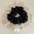 Elegant oversized black chiffon scrunchie with cream lace trim for French retro hairstyles - Black
