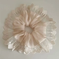 Detail of elegant champagne pink lace scrunchie with delicate floral embroidery texture - Off-white