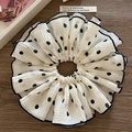 Elegant white organza scrunchie with black polka dots and contrast stitching border - Off-white