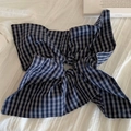 Plaid checkered fabric oversized bow hair scrunchie in navy blue and white college style - Dark Blue Plaid Scarf