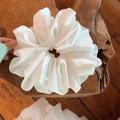Elegant oversized white satin scrunchie with pleated texture on a natural wooden tray - Large / White