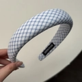 Blue and white gingham padded headband with handmade label for voluminous hair styling - Blue White Plaid (Wide Headband)