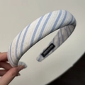 Blue and white striped wide fabric headband with handmade tag for a fresh look - Blue White Striped (Wide Headband)