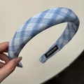 Blue and white checkered fabric padded headband with a handmade label for women - Blue Striped (Wide Headband)