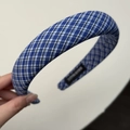 Blue and white plaid padded headband featuring a handmade label for a stylish look - Dark Blue Plaid (Wide Headband)