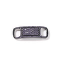 Macro view of black alloy shoe buckle charm with pave-set purple cubic zirconia - Rectangular Slightly Curved Double Hole Style / Black Violet Blue Zirconia