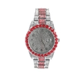 Dettaglio macro dell'orologio al quarzo ghiacciato con cinturino argento e lunetta rossa - Argento/Zirconia Rossa