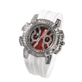 Macro detail of iced-out silver watch case with red dial and white silicone strap - Silver and White Strap