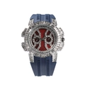 Detailed view of the red dial and diamond-encrusted bezel of this blue rubber strap watch - Silver and Blue Strap