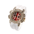 Hip hop quartz watch with white silicone strap, gold case and red diamond-set dial - Gold and White Strap