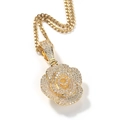 Detailopname van gouden rozenhanger met ingelegde zirkoon en een klassieke cuban-ketting - Gouden Roos Stijl / 3mm 24 inch Roestvrijstalen Cubaanse Schakelketting / Goud