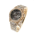 Macro detail of luxury gold skeleton watch showing intricate mechanical movement and diamonds - Gold