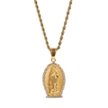 Golden Virgin Mary pendant with sparkling rhinestones on a durable rope chain necklace - Rhinestone Virgin Mary Relief Pendant (Style 6) / 3mm x 24 Inch Twisted Rope Chain