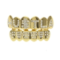 Close-up of hip hop gold teeth grills with HUSTLA letter design and white rhinestones - Gold Set (HUSTLA and 46 Diamonds)