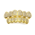 Detailed macro view of hip hop gold teeth grills with sparkling micro-pave crystals - Gold 6-Teeth Full Diamond Set