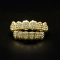 Detailed view of hip hop gold plated teeth grillz set with sparkling rhinestones inlay - Gold Set (6 Teeth and 8 Diamonds)