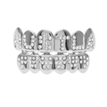 Detail of silver plated iced out HUSTLA letter teeth grills set for hip hop style - Silver Set (HUSTLA and 46 Diamonds)