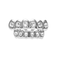 Macro shot of silver hip hop teeth grills with sparkling iced out round cubic zirconia stones - Silver Large Round Diamond Set