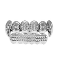 Detailed view of silver-tone hip hop teeth grills with iced out cross design stones - Silver Set (Cross Design and 2-Row Diamonds)