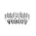 Macro shot of silver mirror-finish hip hop teeth grillz set with polished metal surface - Silver Set (Upper 8 Teeth)