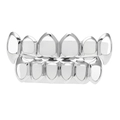Détail d'un ensemble de grillz argentés avec crocs évidés sur support blanc - Ensemble Argent (Crocs Entièrement Ajourés)