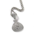 Hip hop geldzak hanger ketting in zilver met witte zirkonia en een dollarteken erop - Dollar Geldzak Stijl / 3mm 24 Inch Touwketting / Zilver