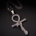 Silver ankh cross pendant necklace with snake relief and sparkling white crystals - Silver Snake Wrapped Cross Pendant + Cuban Link Chain