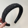 Detail of black tweed headband with silver sequins showing handmade inner label - Wide Black (XY-3036)