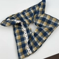 Detail of blue and yellow plaid fabric hair clip with delicate white lace edge - Plaid Square Scarf Hair Accessory