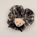 Classic British plaid scrunchie with cute plush bear and black bow decoration - Khaki Plaid