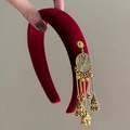 Ethnic style dark red velvet padded headband with golden tassel bells for women - Single Side Gold Tassel Headband / Red