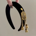Detail of vintage gold tassel charms on black velvet headband with ethnic style motifs - Black Single Sided Gold Tassel