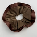 Detail of brown corduroy and satin fabric layers on a pleated oversized scrunchie - Coffee Regular Scrunchie