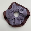 Detail of purple corduroy scrunchie with brown satin trim and pleated fabric texture - Purple Regular Scrunchie